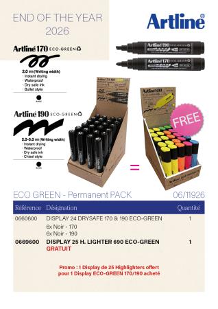Achetez le display Artline 170/190 ECO-GREEN Permanent Markers et recevez un display de 25 surligneurs offert !