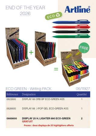 Achetez les displays J-POP ECO-GREEN et ORB ECO-GREEN et recevez 2 displays de 25 surligneurs Artline 690 ECO-GREEN offerts !