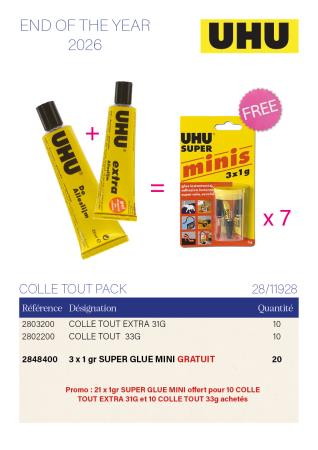 Achetez 10 colles Extra 31 g et 10 colles Tout 30 g et recevez 21 tubes de Super Glue Mini 1 g offerts !