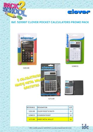 CLOVER POCKET CALCULATORS PROMO PACK : 5 rekenmachines Handy Metal Wallet gratis.